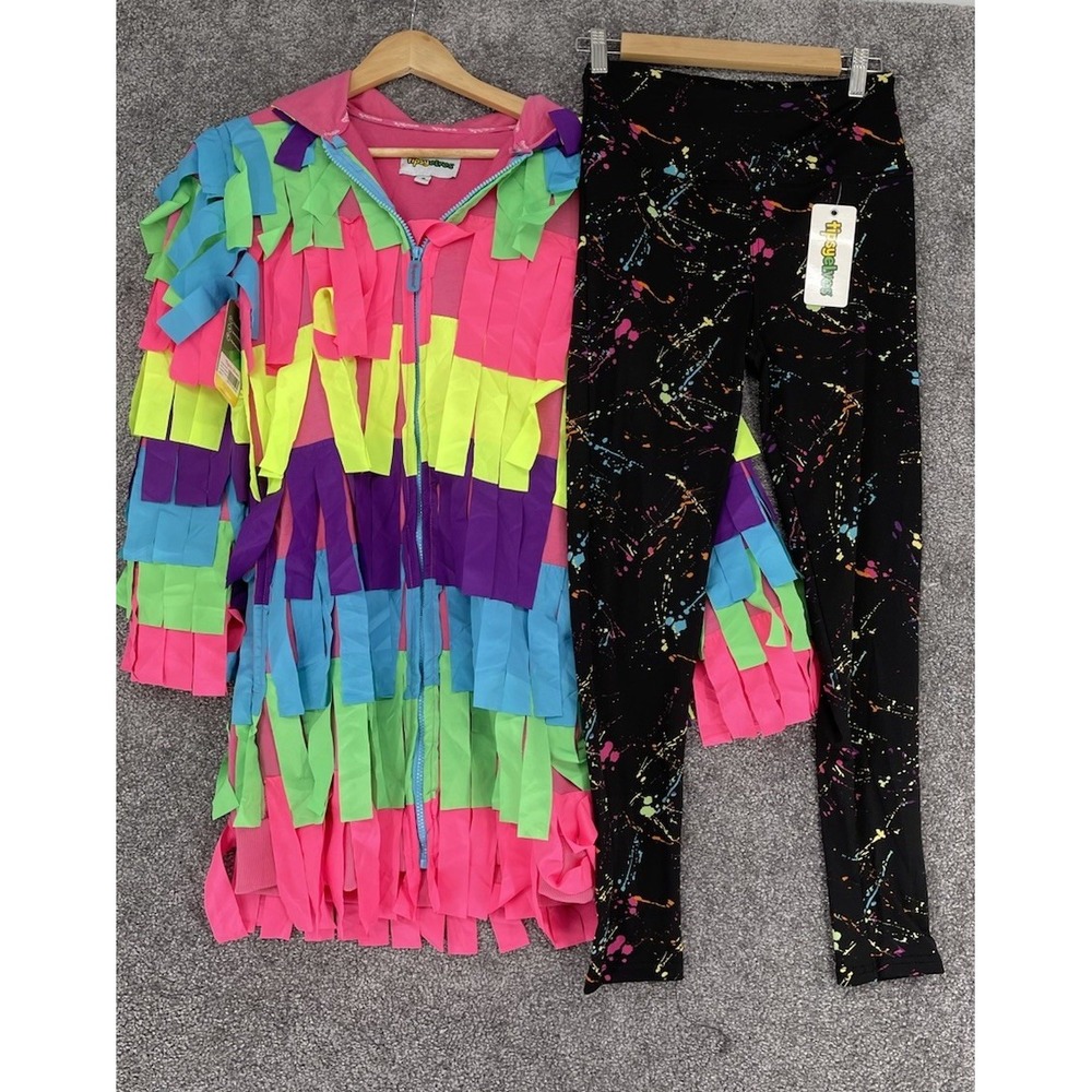 Tipsy Elves Women's S Piñata Costume Dress Leggings Set Neon Fringe NWT